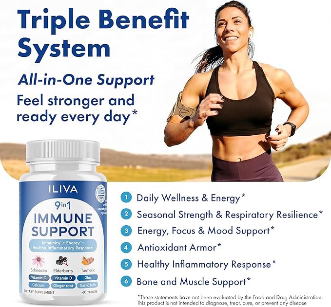 ILIVA-by-INDICAID 9-in-1 Immune Support Supplement: Daily Serving for Respiratory Immunity, Vitamin C, D3, Calcium, Zinc, Proprietary Herbal Elderberry+echinacea+Turmeric. 60 Tablets for 30 Days