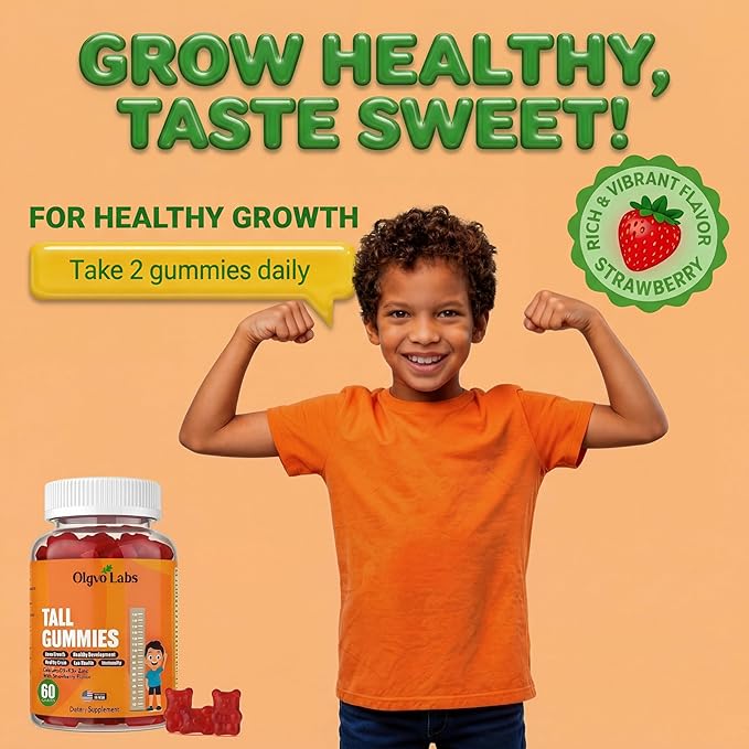 Tall Gummies for Kids Age 2+ & Teens- Tall Gummies with Calcium, Vitamin D3 + K2, Zinc, Magnesium, L-Arginine, Vitamin C for Teen Boys & Girls- Strawberry Flavour 60 Gummies