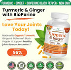 Turmeric and Ginger Supplement - Organic Turmeric & BioPerine - 95% Curcuminoids for Joint Support & Digestion | High Absorption Black Pepper Extract, Vegan, Curcumin Pills, Extra Strength 90 Capsules
