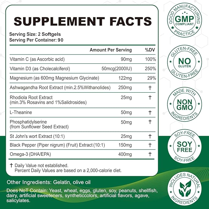 Cortisol Supplements for Women and Men Softgels, Cortisol Manager 10-in-1 with Magnesium Ashwagandha Rhodiola L-Theanine Balanced Cortisol Levels for Relaxation Focus Cognitive Night Support 180 Count