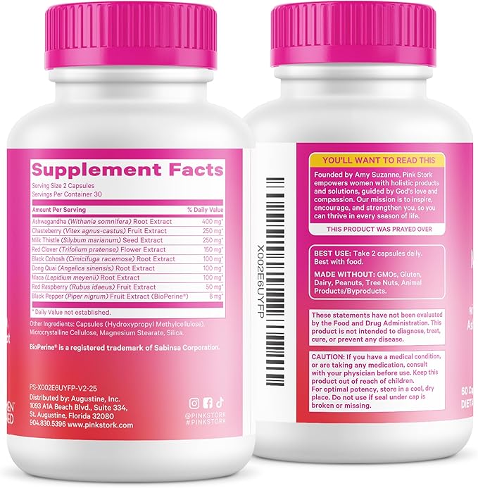 Pink Stork Menopause Support for Women - Hot Flash, Mood, Sleep, Weight, Cortisol & Hormonal Balance - Vegan, Estrogen-Free Perimenopause Relief - Ashwagandha, Maca - 60 Capsules
