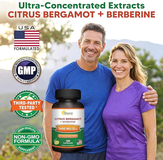 aSquared Nutrition Citrus Bergamot with Berberine Supplement - 1400mg Per Serving Max Strength Complex - 120 Capsules - Supports Cardiovascular Health - Pills Alternative to Gummies & Liquid Drops