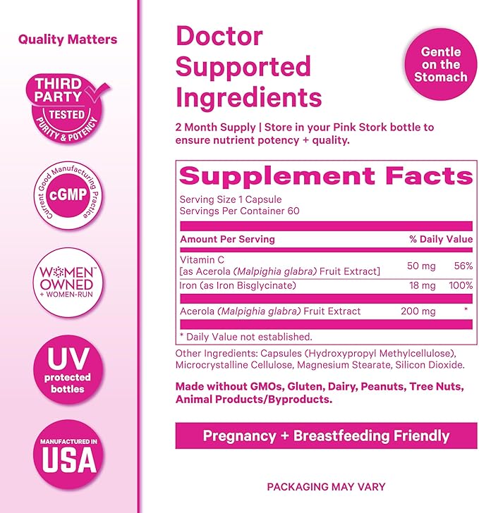 Pink Stork Iron for Women – 18 mg Non-Constipating Iron Bisglycinate + Vitamin C for Optimal Absorption – Energy, Focus, & Oxygen Supply – PMS, Pregnancy, Postpartum & Perimenopause - 60 Capsules