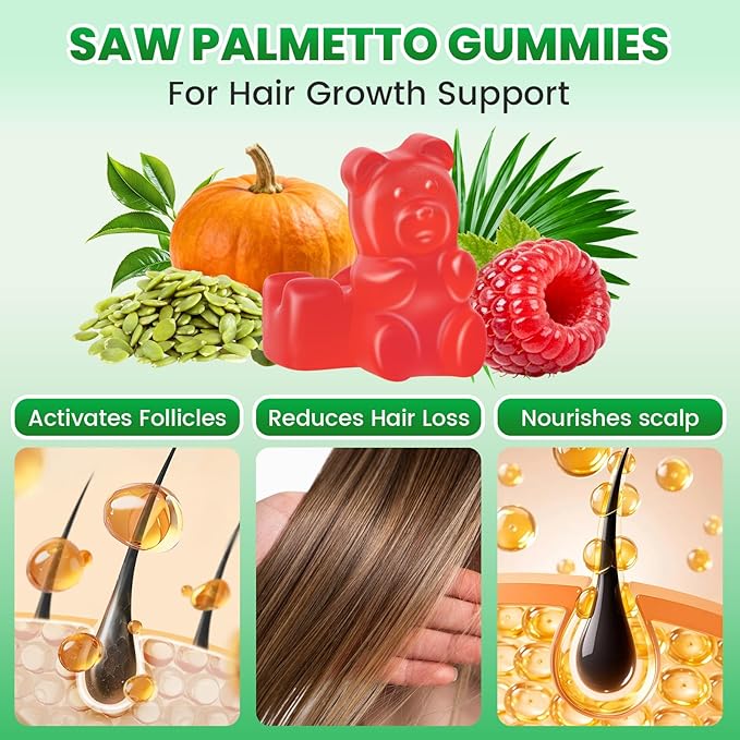 Saw Palmetto Gummies 600mg for Men & Women – Pumpkin Seed Oil Gummies with Saw Palmetto Supplement for Hair Growth & Skin Health, DHT Blocker - Sugar Free, Non-GMO, Raspberry Flavor 120 Count