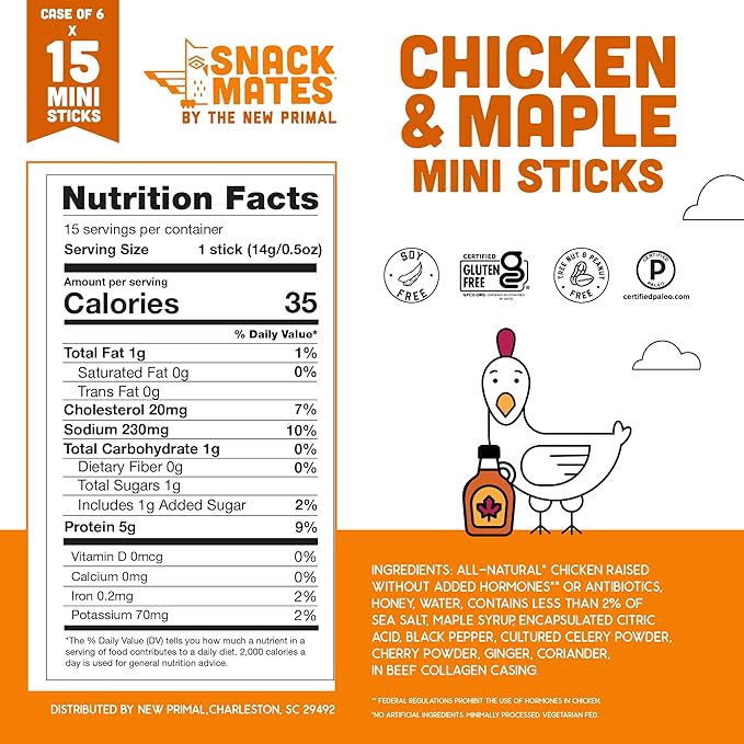 The New Primal Snack Mates Chicken & Maple Sticks, Gluten Free Healthy Snacks for Kids, Low Sugar High Protein Back to School Snacks, Mini Paleo Jerky Meat Stick, 5g Protein, 35 Calories, 0.5 Ounce (Pack of 90)