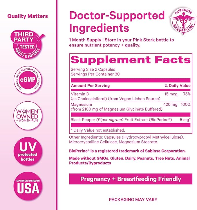 Pink Stork Magnesium Glycinate with Vitamin D - Magnesium Supplement for Women to Support Natural Calm, Mood, and Sleep - Hormone Balance for Women - 60 Capsules, 1 Month Supply
