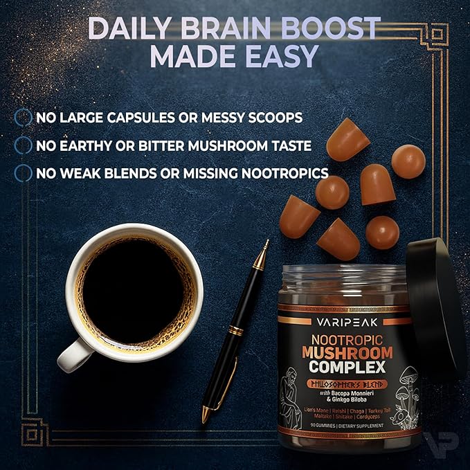 9-In-1 Nootropic Mushroom Gummies | With Lion's Mane, Reishi, Chaga, & More | Enhanced with Bacopa Monnieri & Gingko Biloba | For Focus & Memory | 90 Ct | Sugar Free & Vegan | for Men and Women