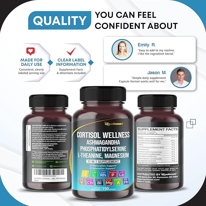 CORTISOL Wellness Magnesium Ashwagandha L-Theanine Phosphatidylserine Rhodiola Rosea Passionflower Lavender Chamomile -150 Capsules
