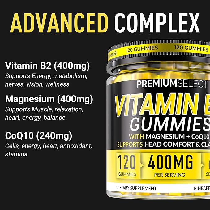Vitamin B2 Gummies Riboflavin 400mg – 120 Gummies with Magnesium, CoQ10 & Vitamin B2 for Adults – Sugar Free B2 Vitamin 400mg for Energy, Head Comfort & Nervous System Support