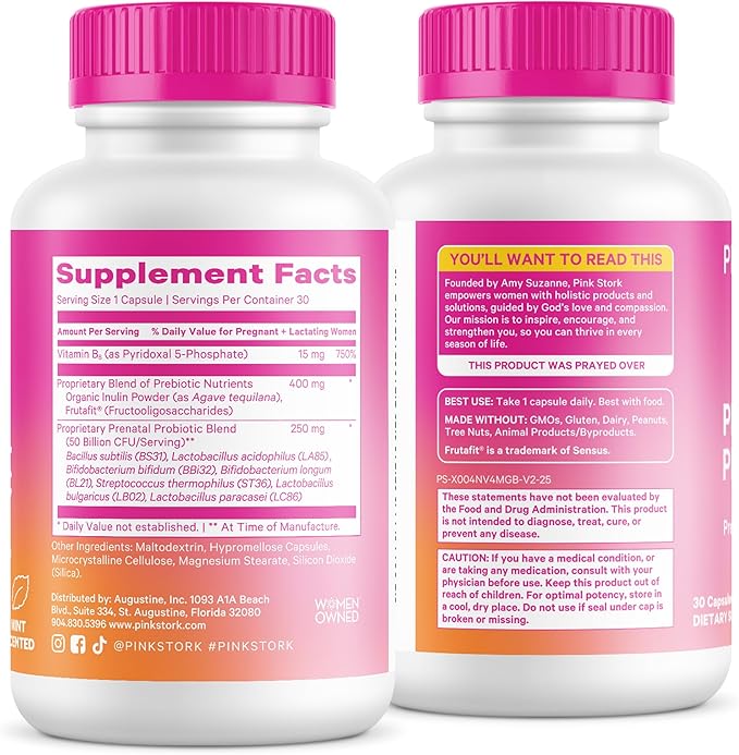 Pink Stork Prenatal Probiotic for Women | 50 Billion CFU | Vitamin B6, Prebiotics | Pregnancy Probiotics for Morning Sickness | Digestive, Immune, & Gut Health | Vegan, Gluten-Free | 30 Capsules, Mint