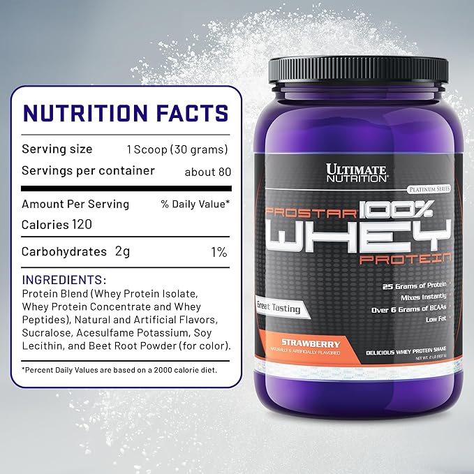 Ultimate Nutrition Prostar Whey Protein Powder Isolate, Strawberry - Low Carb, High Protein Powder Shake for Muscle Gain & Recovery - Low Sodium, Low-Fat & Keto Friendly - 2 lbs Tub