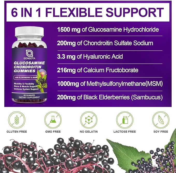 Glucosamine Chondroitin Gummies - 1- Pack, Extra Strength 1500mg Glucosamine with MSM & Elderberry, Flexibility Support, Best Cartilage & Immune Support Supplement for Men and Women - 60 Gummies