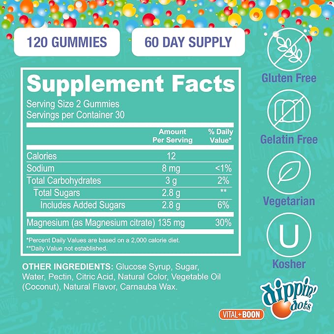 Dippin' Dots Magnesium Gummies for Women, Men & Kids – Razzle Raspberry – Magnesium Citrate Gummies with No Artificial Colors or Flavors – Vegan Friendly Calm Nerve Bone & Muscle Supplement (2 Pack)