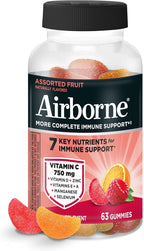 Vitamin C 750mg (per Serving) - Airborne Assorted Fruit Flavored Gummies (63 Count in a Bottle), Gluten-Free Immune Support Supplement with Vitamins A C E, Selenium, Echinacea & Ginger