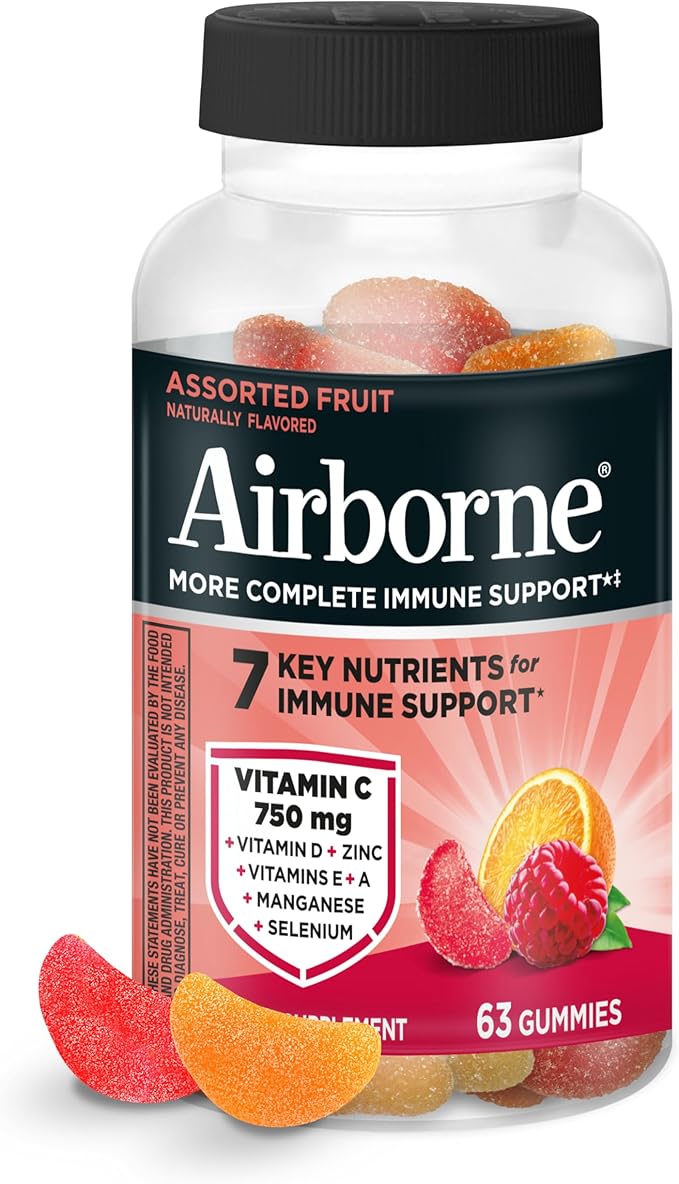 Vitamin C 750mg (per Serving) - Airborne Assorted Fruit Flavored Gummies (63 Count in a Bottle), Gluten-Free Immune Support Supplement with Vitamins A C E, Selenium, Echinacea & Ginger