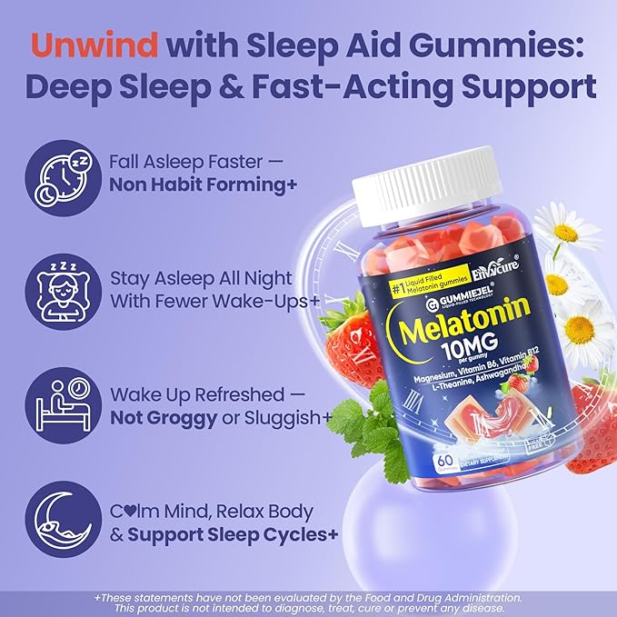 EnvyCure Melatonin Gummies 10mg 20mg with Magnesium for Adults | Drug Free | Sleep Aid | Sugar Free | L-Theanine, Ashwagandha, B6, B12, Lemon Balm & Chamomile, Supports Deep Relaxation, 60 Cts