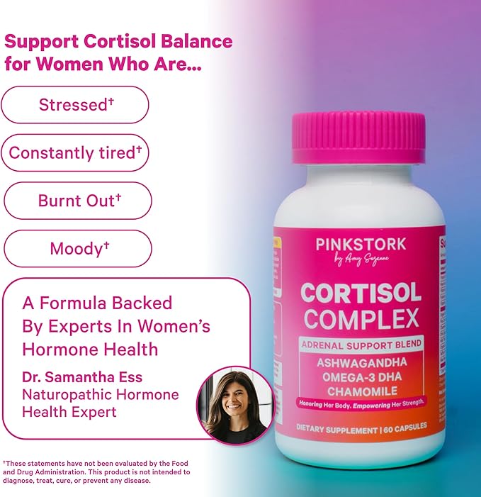 Pink Stork Cortisol Supplements for Women - Adaptogenic Adrenal Support & Hormone Balance with Organic Ashwagandha, Omega 3 DHA, Saffron, Multivitamins - Mood Support - 60 Count