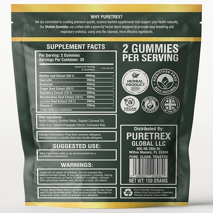 Mullein Gummies, 8-in-1 Natural Herbal Blend, Pineapple Flavor, 60 Count, Respiratory Support Supplement with Elderberry, Vitamin C, Ginger Root