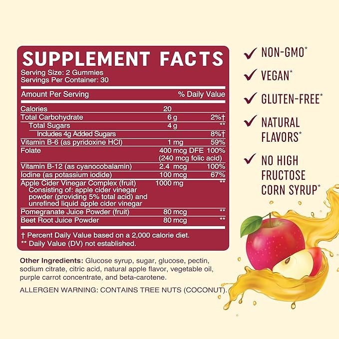 Organic Apple Cider Vinegar Gummies for Digestion, Detox & Healthy Immune Function Support | 1000MG ACV Per Serving | With The Mother, Vitamin B6, B12 & Folate | Vegan, Gluten-Free | 60 Gummies