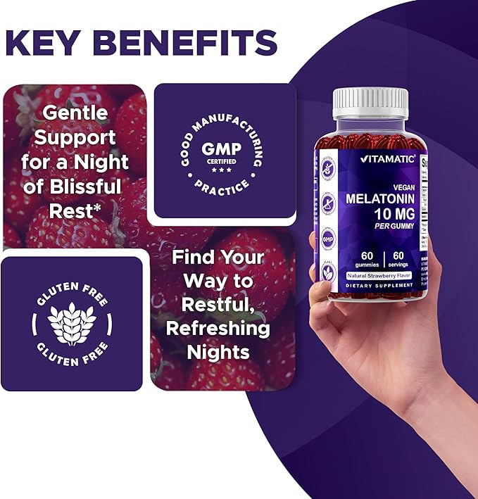 Vitamatic Melatonin 10 mg Vegetarian Gummies – Non-Habit Forming – 60 Gummies per Bottle – 4-Pack (Total 120 Vegan Gummies)