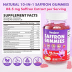Saffron Gummies for Adult Kids - with Saffron 88.5mg, Vitamins D3 & B6, Magnesium, Zinc, Ashwagandha, L - Theanine, St. John's Wort - Supports Mood & Focus, Vegan, Raspberry Flavor, 60 Gummies