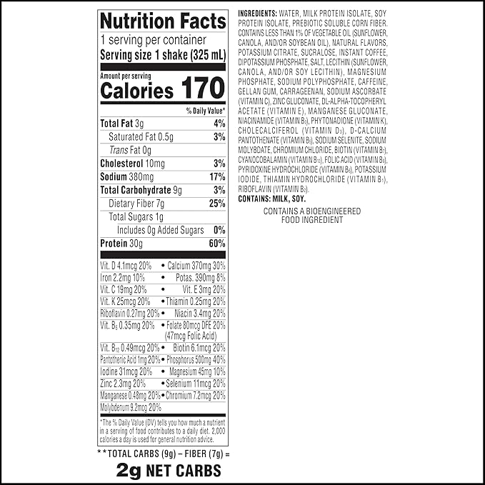 Atkins Strong High Protein Shake, Café Latte Flavored, 30g Protein, 7g Prebiotic Fiber, 1g Sugar, Muscle and Gut Health Support, GLP-1 Support, Low Carb and Low Sugar Coffee Protein Shake, Keto Friendly, 12 Count