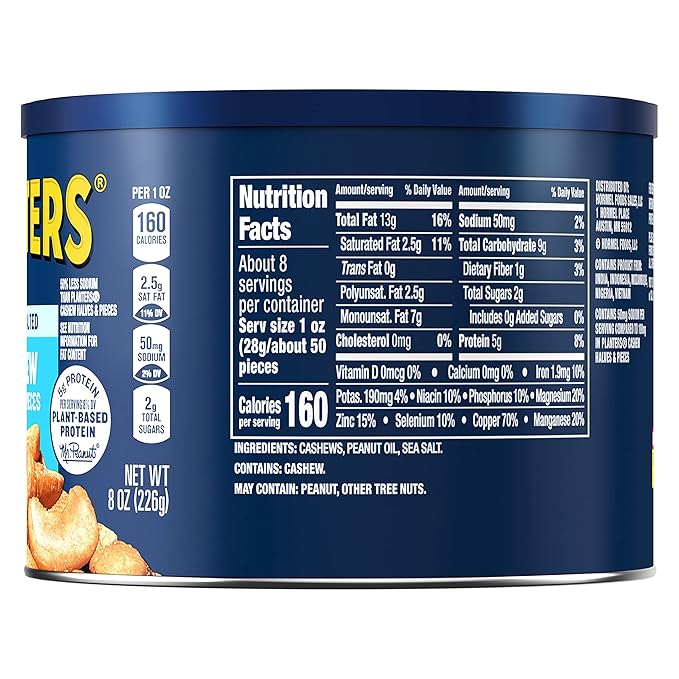 PLANTERS Lightly Salted Cashews, Cashew Halves & Pieces, Plant-Based Protein, 8 Oz Canister, Great Party Snack (Pack of 2)