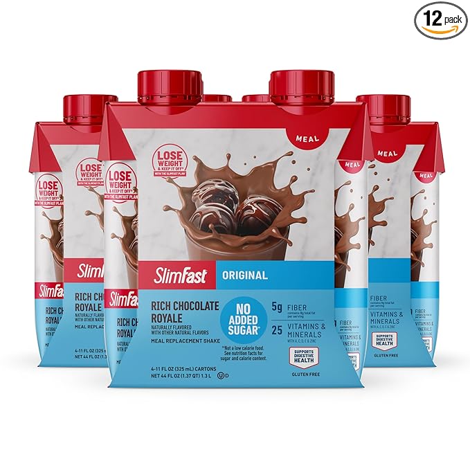 SlimFast Meal Replacement Shake, Original Rich Chocolate Royale, No Added Sugar, Meal Replacement Shakes, 10g Ready to Drink Protein, 5g Fiber, 25 Vitamins and Minerals, 11 Fl. Oz, 12 Count