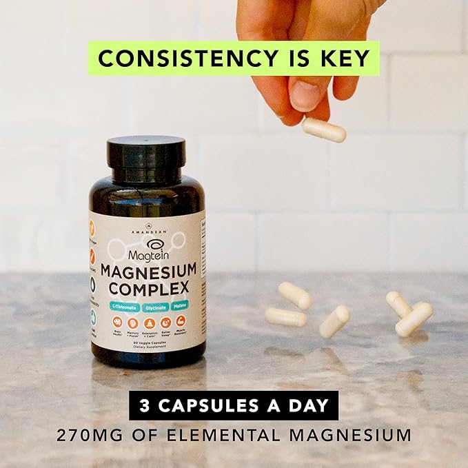 AMANDEAN Magtein Magnesium Complex. L-Threonate, Glycinate, Malate Triple Blend Chelated Magnesium Supplement. 90 Veggie Capsules. High Absorption Branded Ingredients. Brain Health, Sleep, Calm*.