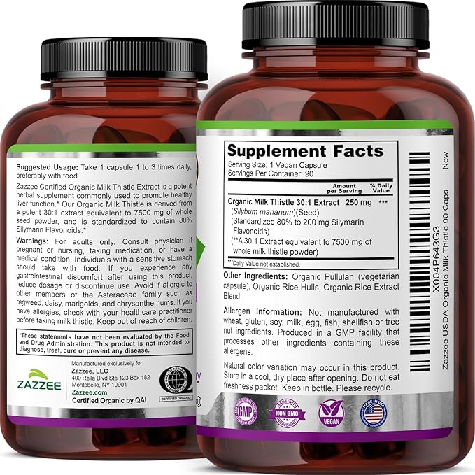 Zazzee USDA Organic Milk Thistle 30:1 Extract, 80% Silymarin, 90 Vegan Capsules, 3 Month Supply, Certified Kosher, High Potency Liver & Antioxidant Support, Silybum Marianum, Non-GMO, Made in the USA