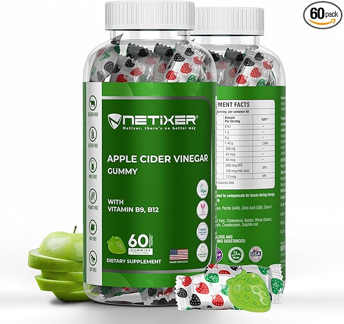 Apple Cider Vinegar Gummies – 350mg Apple Cider Vinegar per Gummy – with Vitamin B9 & B12 – Vegan Pectin Gummies – Individually Wrapped – 60 Gummies