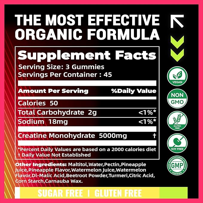 NSF Certified Creatine Gummy 5g - Creatine Monohydrate Gummies – Pre-Workout Energy & Muscle Growth Support for Men & Women | Pineapple Watermelon Electrolyte Gummies (135 Count)