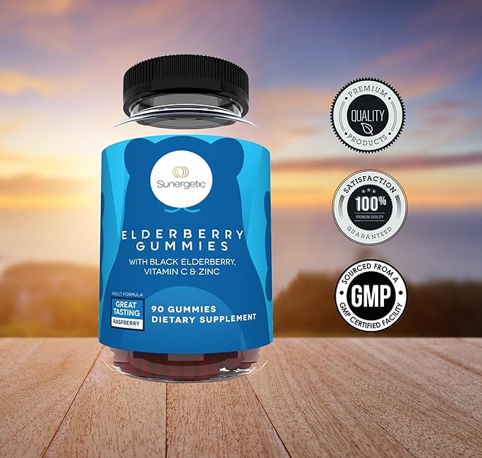Sunergetic Premium Black Elderberry Gummies – Black Elderberry with Vitamin C & Zinc – Helps Support Immune System – Great Tasting Sambucus Elderberry Gummies – Raspberry Flavored – 90 Gummies