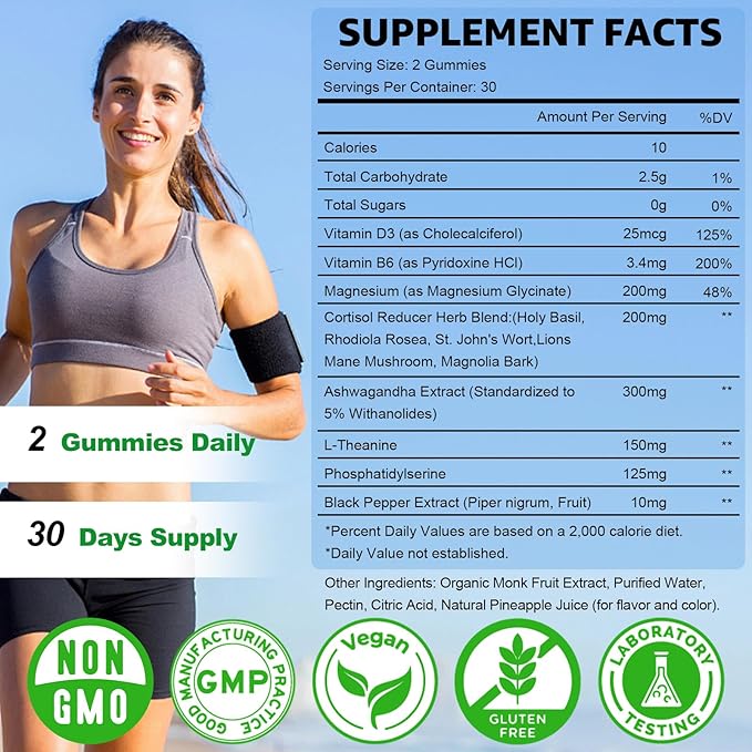 Cortisol Gummies - Cortisol Supplements for Women & Men with Ashwagandha, Magnesium, L-theanine for Cortisol Balance, Support Relaxation, Energy, Zzz, Pineapple Flavor, 120Ct