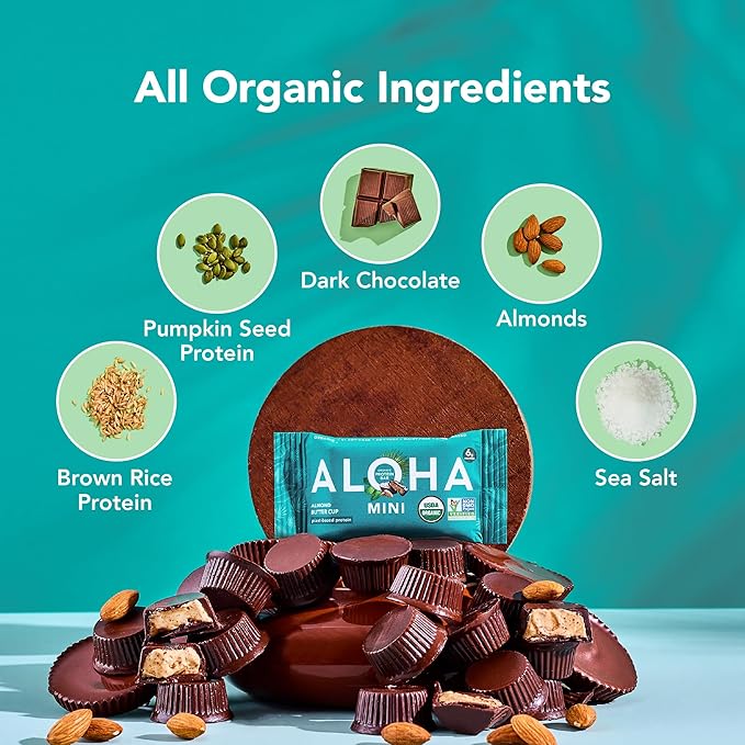 ALOHA Organic Plant Based Protein Bar MINIS | Almond Butter Cup | GLP-1 Friendly, 20 Count, 24g Bars | Vegan, Low Sugar, Gluten Free, Low Carb, Non-GMO, No Stevia, No Soy, No Sugar Alcohols