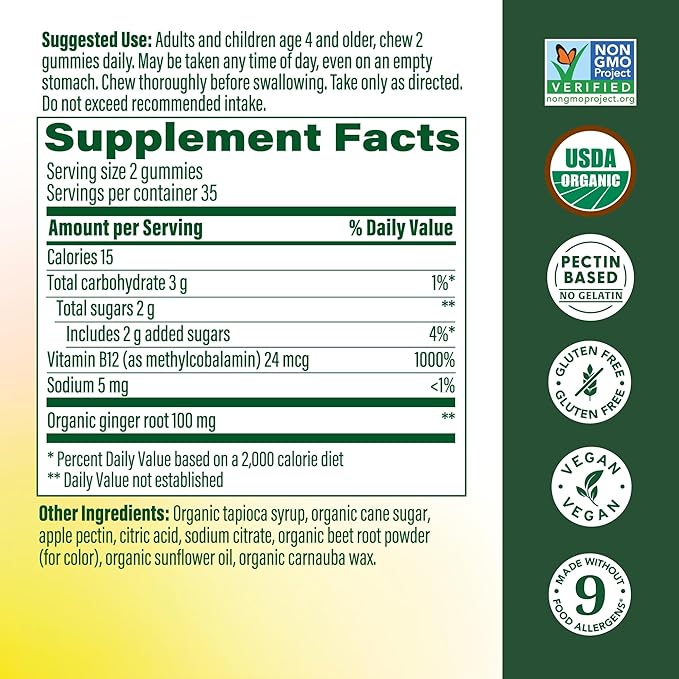 MegaFood Vitamin B12 Energy Gummies - Vegan - With Methyl B12 Vitamins to Support Cellular Energy Production - Ginger - Daily Vitamin B12 Supplement - USDA Organic - 70 Gummies, 35 Servings