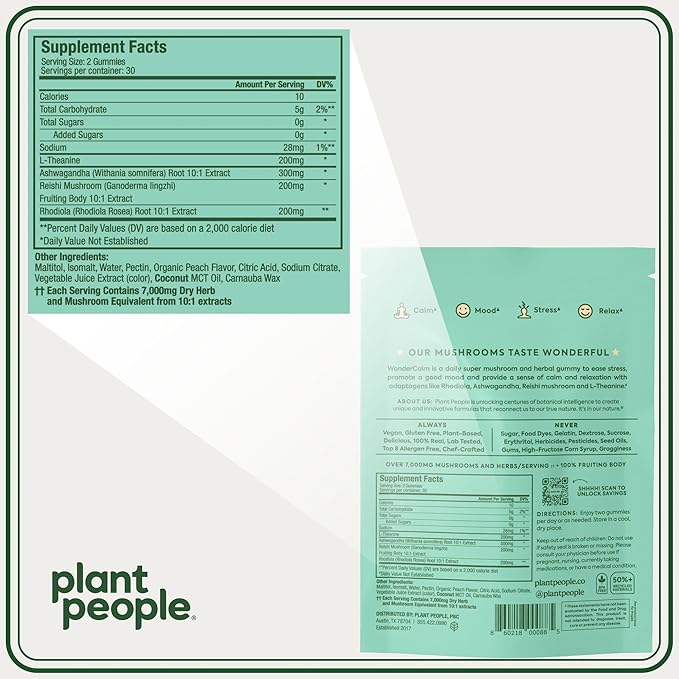 Plant People WonderCalm Mushroom Gummies - Natural Ashwagandha Supplement to Ease Stress & Boost Mood for Adults Without Sugar, Gluten or Artificial Colors, Vegan-Friendly, Peach Flavor, 60 Count