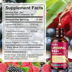 Liposomal NAD Supplement - 1200mg NAD+ Liquid Drops for Women & Men with Resveratrol, Black Pepper Extract - Support Anti-Aging, Brain & Cellular Mitochondrial Health - 2 Fl Oz Mixed Berry Flavor