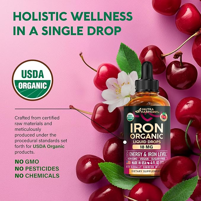 Liquid Iron Supplement for Women 18 mg - USDA Organic Drops, USA-Made - with Folate, Vitamin B12 & B6 - Iron Level & Energy - Gentle & High Absorption Glycinate Form - Cherry Flavor, Sugar-Free, 4 oz