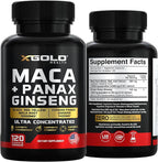 Maca Root Capsules 20:1 Extract + Korean Panax Ginseng10:1 Extract - 20x Concentrated Black + Red + Yellow Maca Root, 10x Concentrated Panax Ginseng Capsules - Ultra Potent & Highly Purified