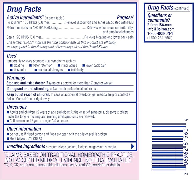 Boiron Cyclease PMS Relief Tablets for Symptoms from PMS of Bloating, Aches, Mood Swings, and Irritability - 60 Count