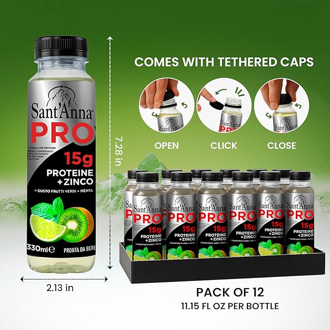 Sant'Anna PRO Functional Protein Drink – Green Fruits & Mint, 11.15 Fl Oz (12-Pack) | 15g Protein + Zinc | No Sugar | Clear Water | Crafted with Sant’Anna Alpine Water | BPA-Free | No Preservatives