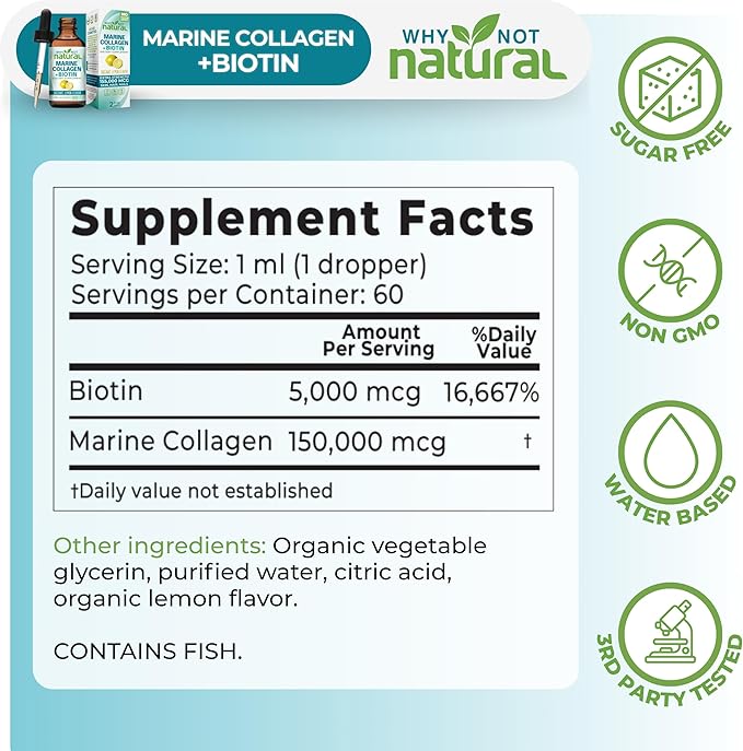 Why Not Natural Liquid Collagen Plus Biotin Drops for Women and Men - Supplement for Hair, Skin, and Nails
