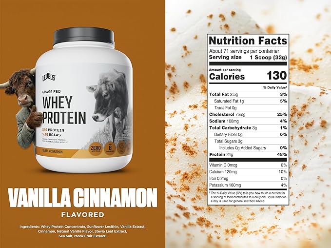 Levels Grass Fed Whey Protein Powder, No Artificials, 24G of Protein, Vanilla Cinnamon, 5LB