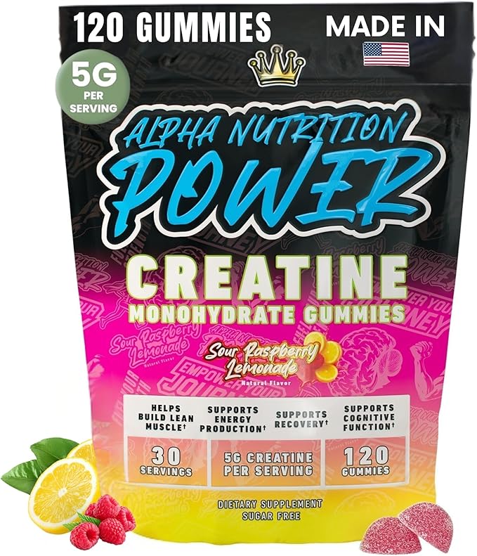 Creatine Monohydrate Gummies 5g - Raspberry Lemonade Flavored Creatine for Women and Men - Supplement for Muscle Gain, Strength, Energy, Cognitive Health, Pre and Post Workout, Recovery, (120 Gummies)