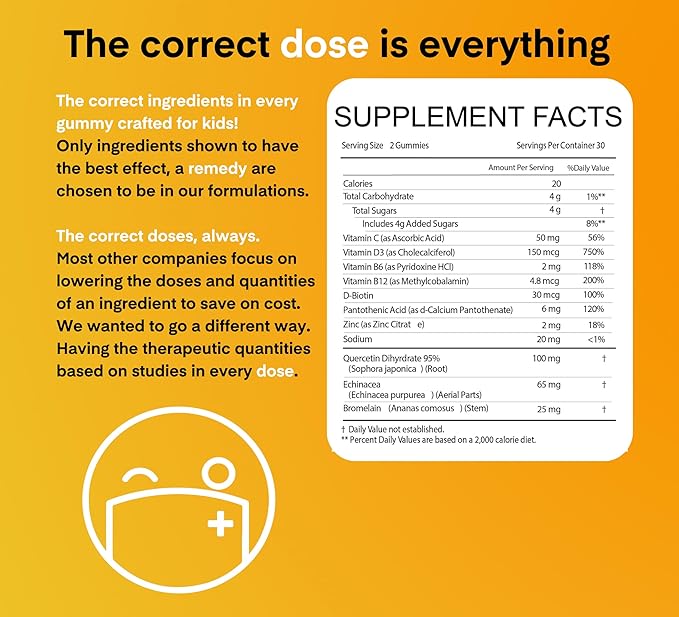 A Dose of Immunity Kids Immune Support Gummies Quercetin for Kids with Vitamin C, Zinc, Vitamin D, 100mg Quercetin Bromelain, Echinacea, Lung, Immune Defense, Immunity Booster 180 Count