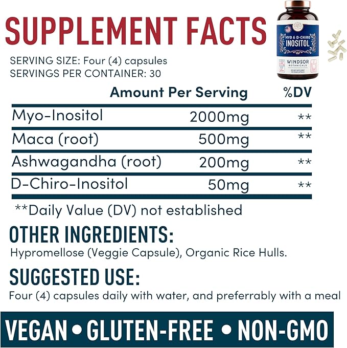 Myo-Inositol & D-Chiro Inositol 40:1 Ratio 2,000 mg - PCOS Supplements with Maca Root & Ashwagandha - Ovarian Health Support Vitamins - Hormone & Fertility Supplements for Women - 120 Vegan Caps
