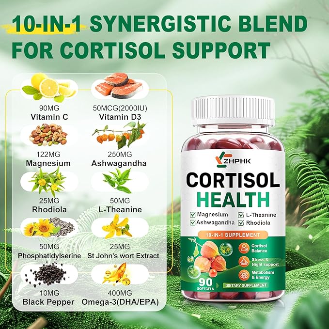 Cortisol Supplements for Women and Men Softgels, Cortisol Manager 10-in-1 with Magnesium Ashwagandha Rhodiola L-Theanine Balanced Cortisol Levels for Relaxation Focus Cognitive Night Support 180 Count