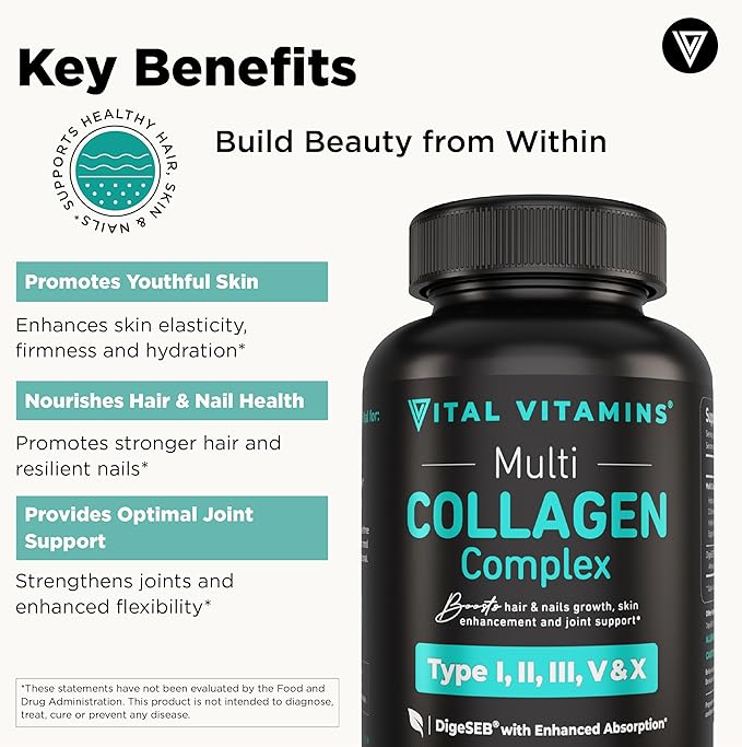 Vital Vitamins Multi Collagen Capsules (2-Pack) - Type I, II, III, V, X - Grass-Fed, Collagen Peptides Supplements, Non-GMO - for Men & Women
