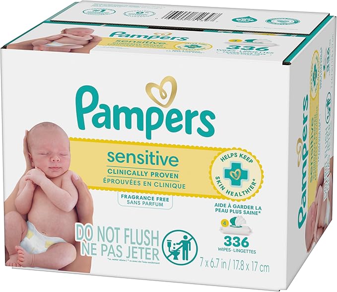 Pampers Baby Wipes Sensitive, Water Based Hypoallergenic and Unscented 504 Total (6 Flip-Top Packs)